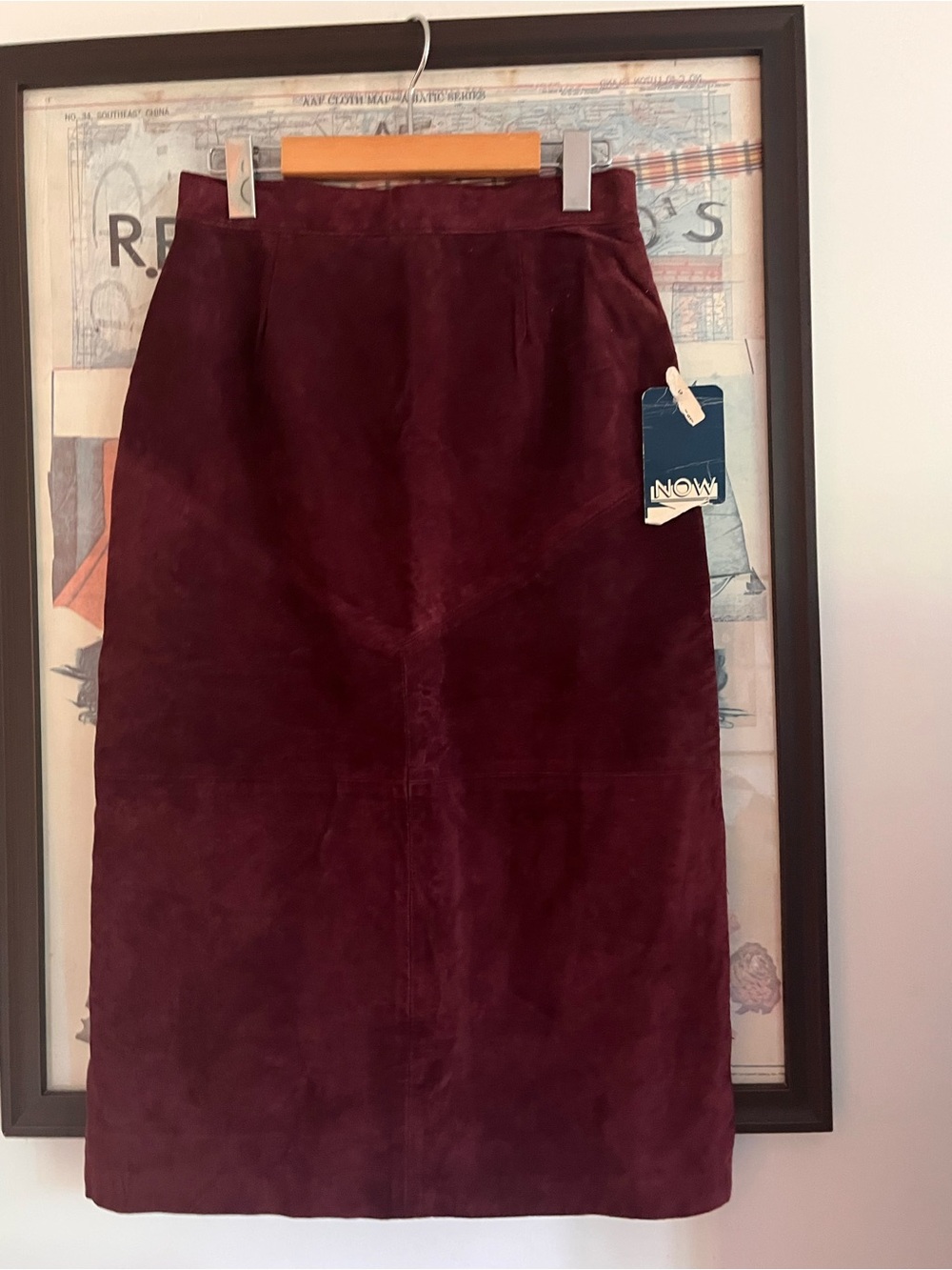 NWT Vintage Deadstock Genuine Suede Burgundy Midi Skirt Back Button Detail S/M